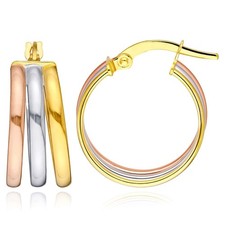 Real 14K Tri-Color Gold Round Triple Hoop Earrings 15mm