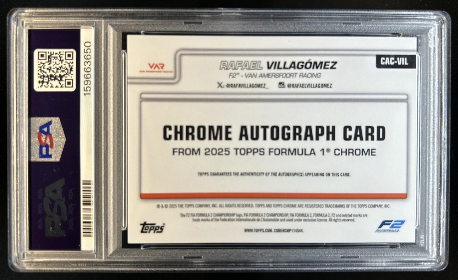 2025 Topps Chrome F1 F1 Rafael Villagomez Auto Autograph #CAC-VIL PSA 9 view 2