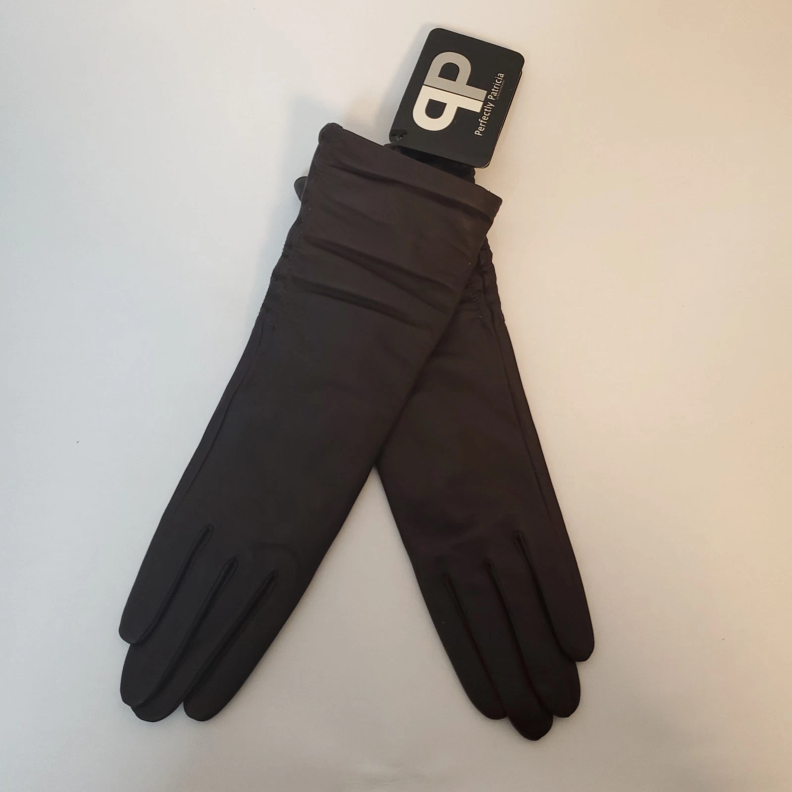 Perfectly Patricia Womens Ruched Dark Brown Leather Gloves SZ S Lined 12"