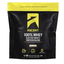 Ascent 100% Whey, Native Whey Protein Blend, Vanilla Bean 4.25 Lbs