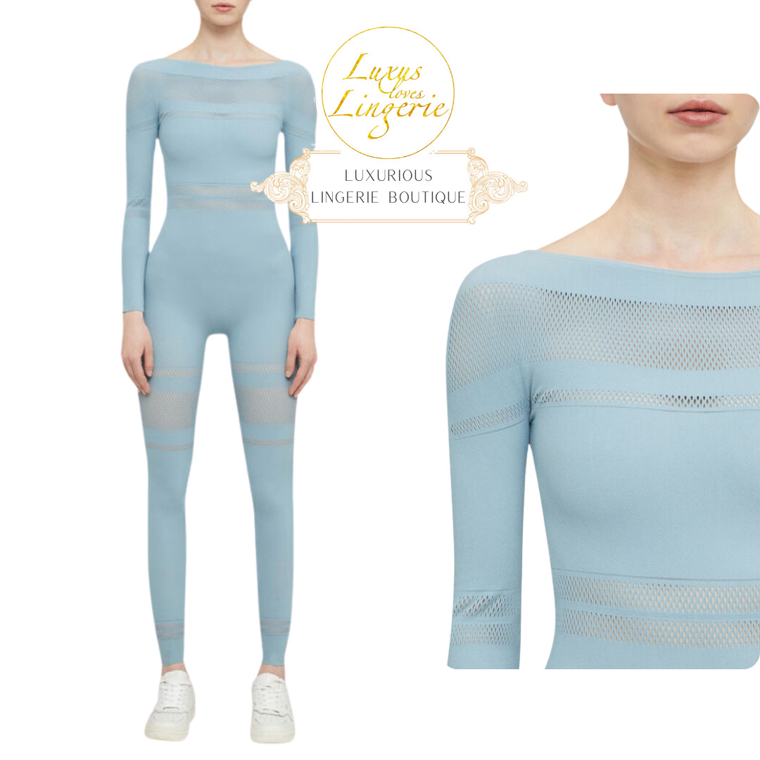 Net Lines Jumpsuit By Wolford XS Light Blue Turquoise Catsuit Transparent Net