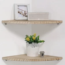12 inch Corner Wall Shelf Set of 2 Solid Wood Floating Shelves for Round End
