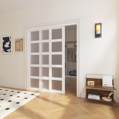 Sliding Closet Door, 5-Lite Frosted Glass Interior Door, 60''(Double 30'') X 80'' C