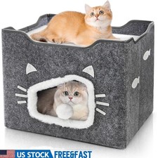 Indoor Cat House Cozy Cube W/ Plush Ball Reversible Sleeping Mat Easy Assembly