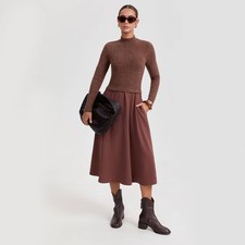 Women's Long Sleeve Twofer Midi A-Line Dress - A New Day Brown