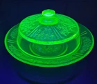 Vintage Green Depression Glass Cabbage Rose Round Butter Dish w/ Lid