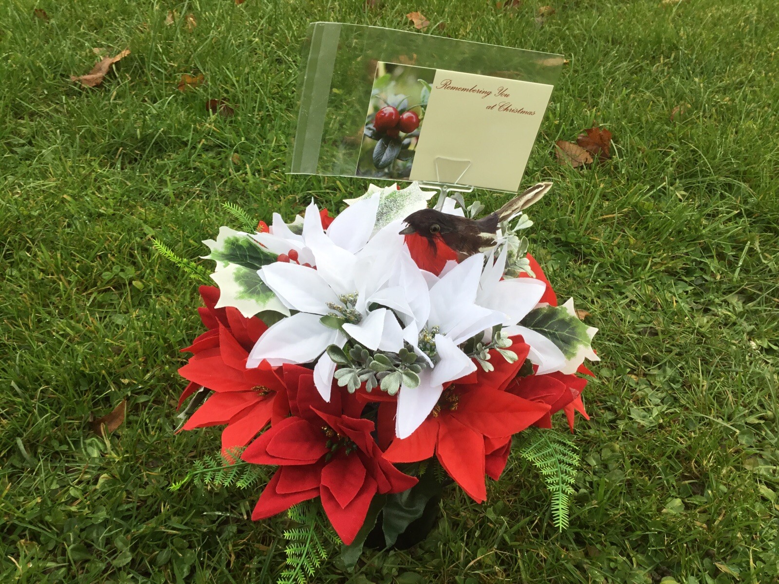 Xmas Artificial Flowers Grave Pot Weighted Robin Memorial Arrangement