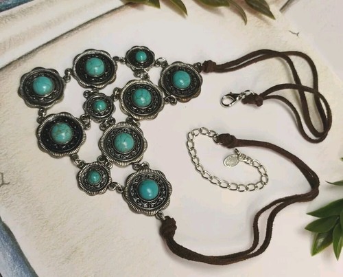 ALI KHAN New York Southwest Inspired Turquoise Toned Stone Leather Bib Necklace! - Picture 12 of 12