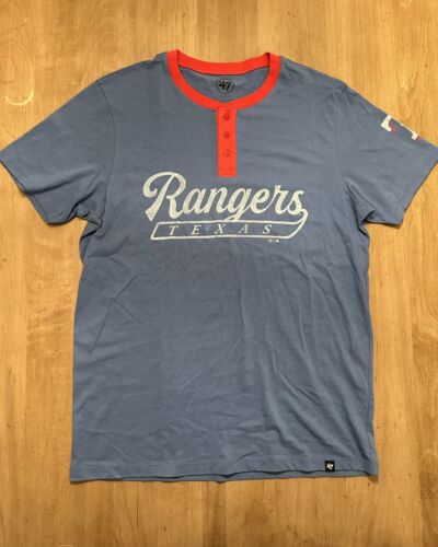 Texas Rangers T-Shirt New MLB '47 Brand short sleeve logo Henley Blue Mens M