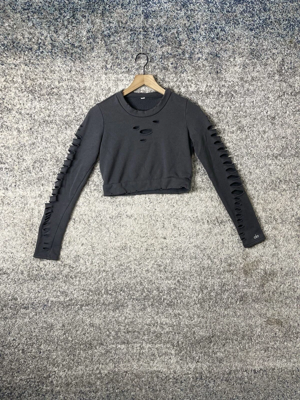 alo-yoga ripped warrior crop pullover top sweatshirt