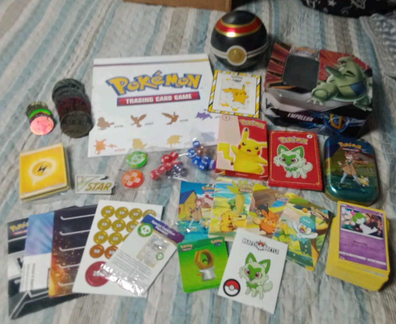 Pokemon Misc. Lot Cards, Coins, Poster, Tins, Stickers Great For