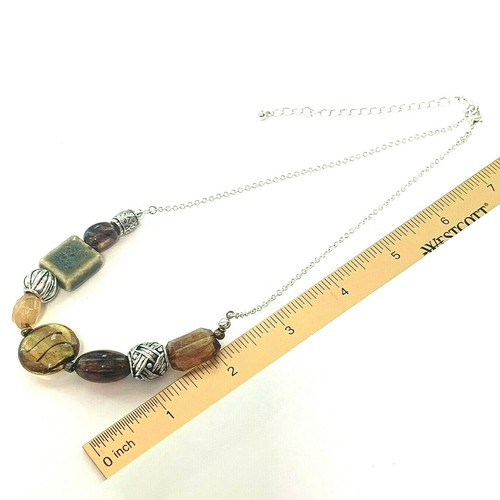 SAO Avon Art Glass 17" Necklace Faux Amber Foil Bead Ceramic Silver Tone Beads - Picture 7 of 10