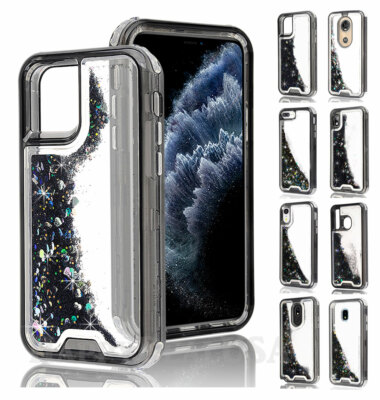 For Cell Phone - Waterfall Glitter Liquid ShockProof Hybrid Cover Case - Black