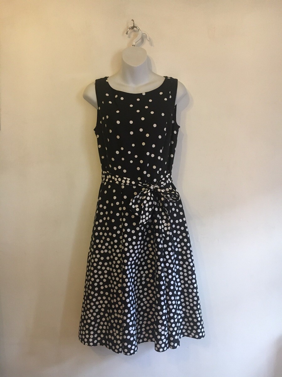 LAURA ASHLEY, Black White-Polka Dot-Sleeveless-Cotton-Lined-Dress with 