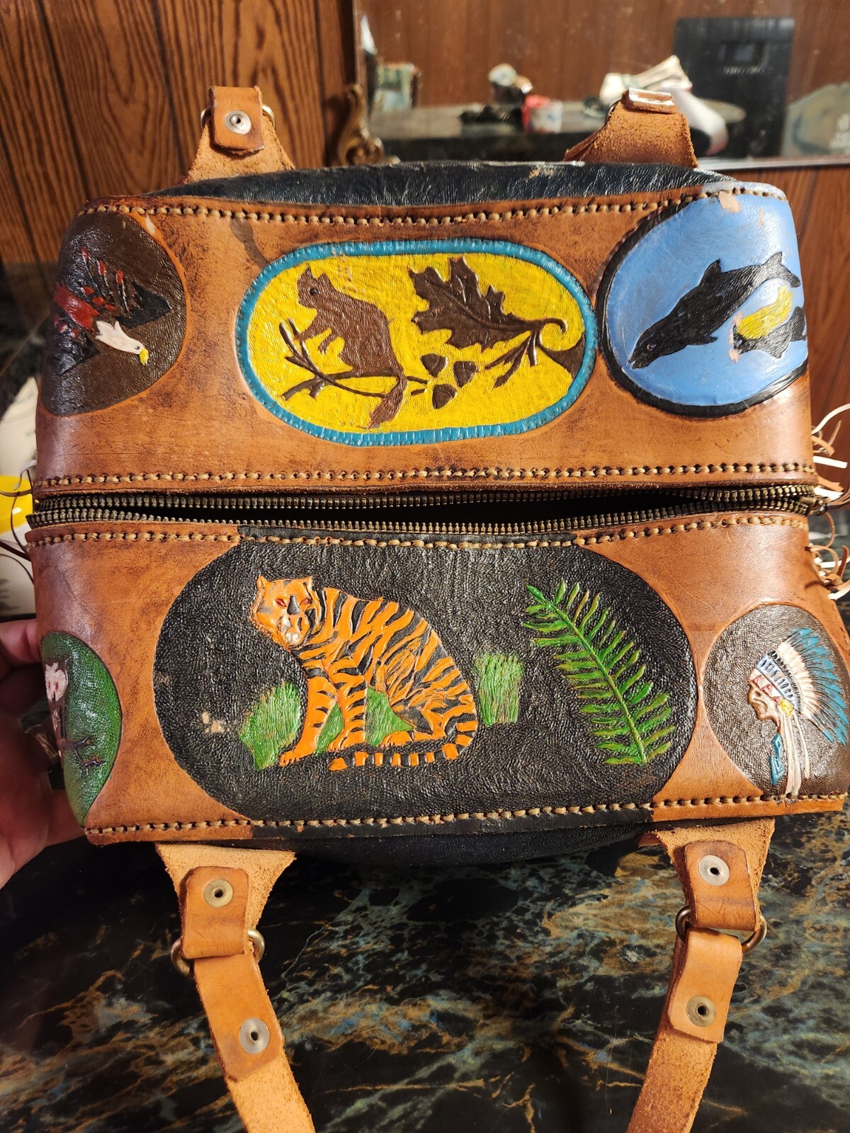 Boho Leather Native American Painted Tooled Leath… - image 1
