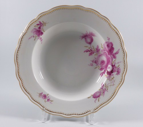 Meissen Suppen- tiefer Teller purpur Blume 6 Bukett schräg Goldwellenkante 1.W.