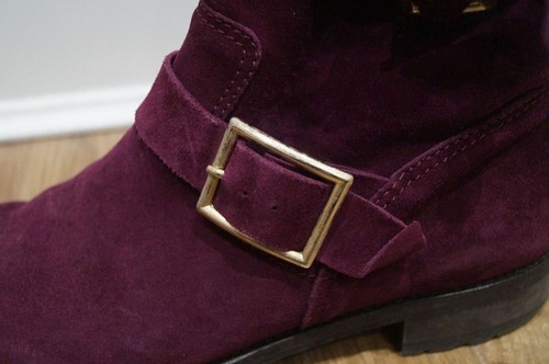 JIMMY CHOO Burgundy Suede Gold Tone Buckle Branded Biker Ankle Boots 40.5 UK7.5 - Picture 5 of 10