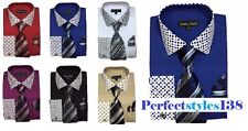 Men's Fashion French cuff Dress shirt with Solid/Polka Dot DesignTie Hanky FL630