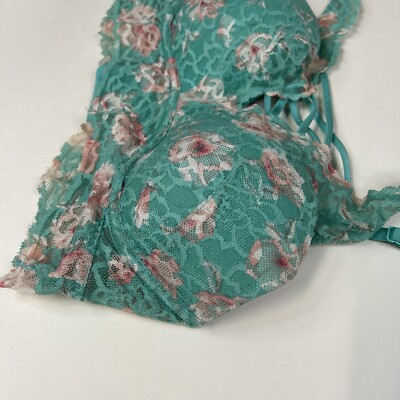 PINK Victorias Secret Small Pushup Bra Bralette Floral Lace Blue