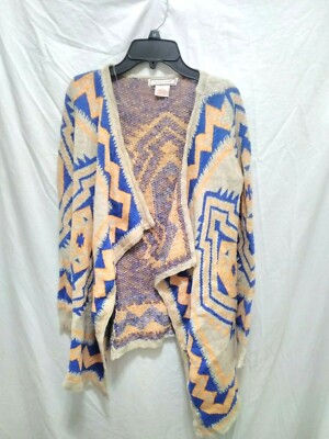 Flying Tomato Beige Orange Blue Aztec Open Front Cardigan Sweater S