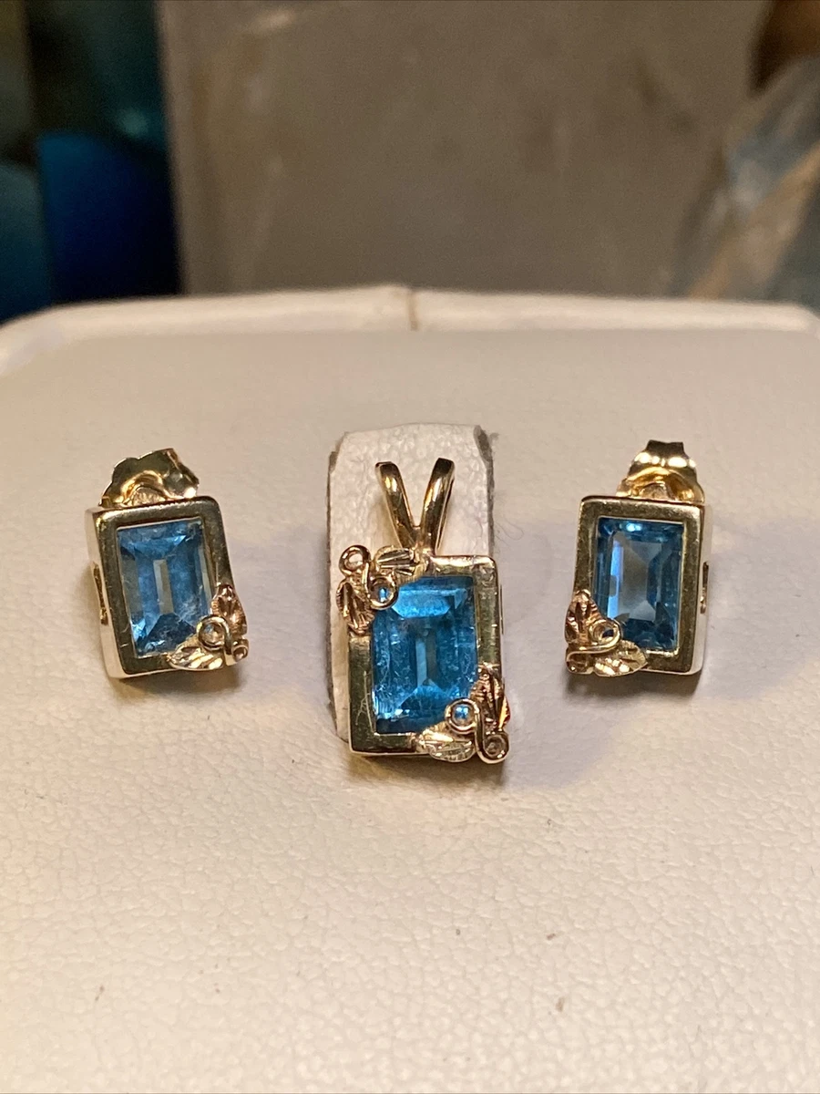 10k BLACK HILLS GOLD Emerald Cut Blue Topaz Earrings Pendent 3.8g STER1706