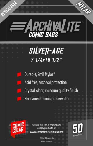 Silver Age Mylar Comic Bags (50) - Comic Clear - RESEALABLE Closure Type - 第 1/2 張圖片