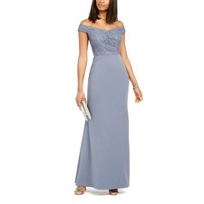 Adrianna Papell Lace Crepe Gown Dusty Blue Off Shoulder Dress AP1E207934 Size 8