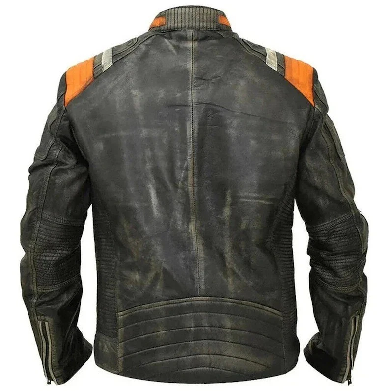Vintage Retro Cafe Racer Striped Distressed Black Jacket Mens - Image 4 of 4