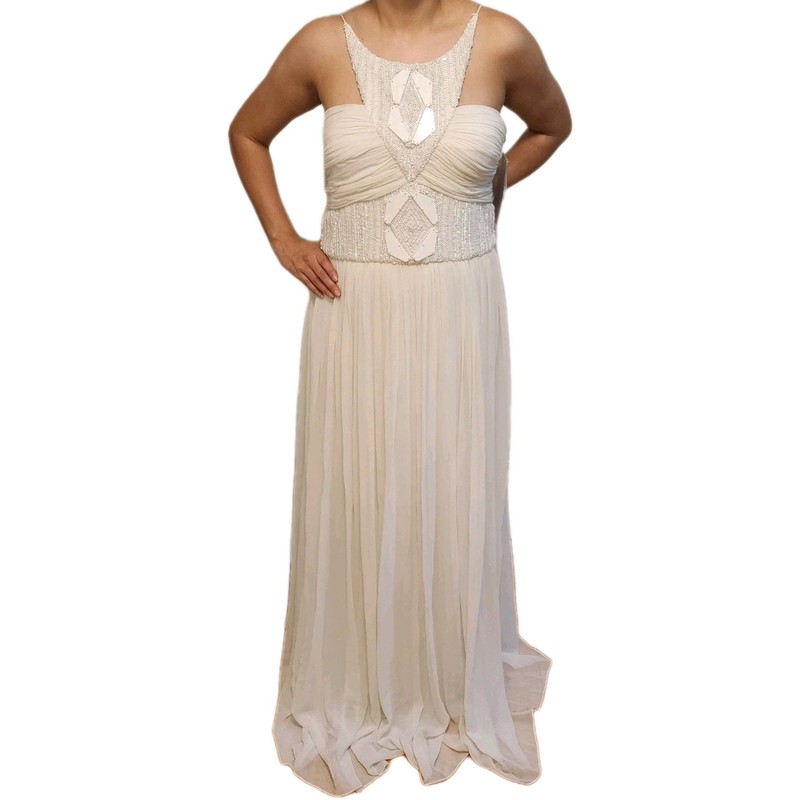 JS Collections White Ivory thin Strap Scoop Neck Beaded Chiffon ALine Gown Sz 14