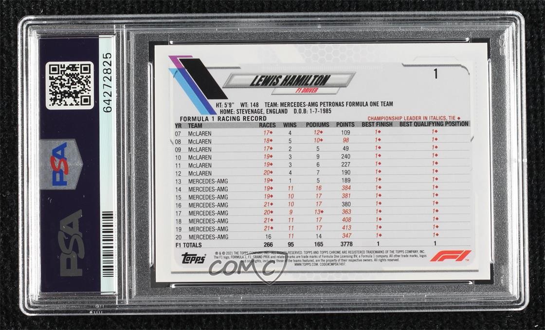 2021 Chrome Formula 1 Black & White RayWave Refractor Lewis Hamilton #1 PSA 10 view 2