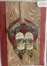 Papyrus Wood CarvedFeathers Bird Owls Christmas Card Hang Me on Things Mistletoe