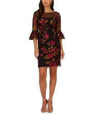 Adrianna Papell Floral Embroidered Flare-Sleeve Sheath Dress, Pink/Black, sz 4