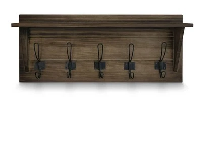 HBCY CREATIONS Rustic Brown Solid Wood Wall Mounted Coat Rack with Shelf, 5 H