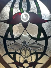 Vintage Hand Crafted Stain Glass Window Suncatcher Cased In Wood Signed 1981 26”