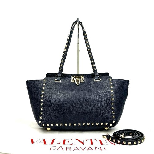 VALENTINO GARAVANI Rockstud Grained Leather 2-Way Shoulder Bag Navy Blue Used