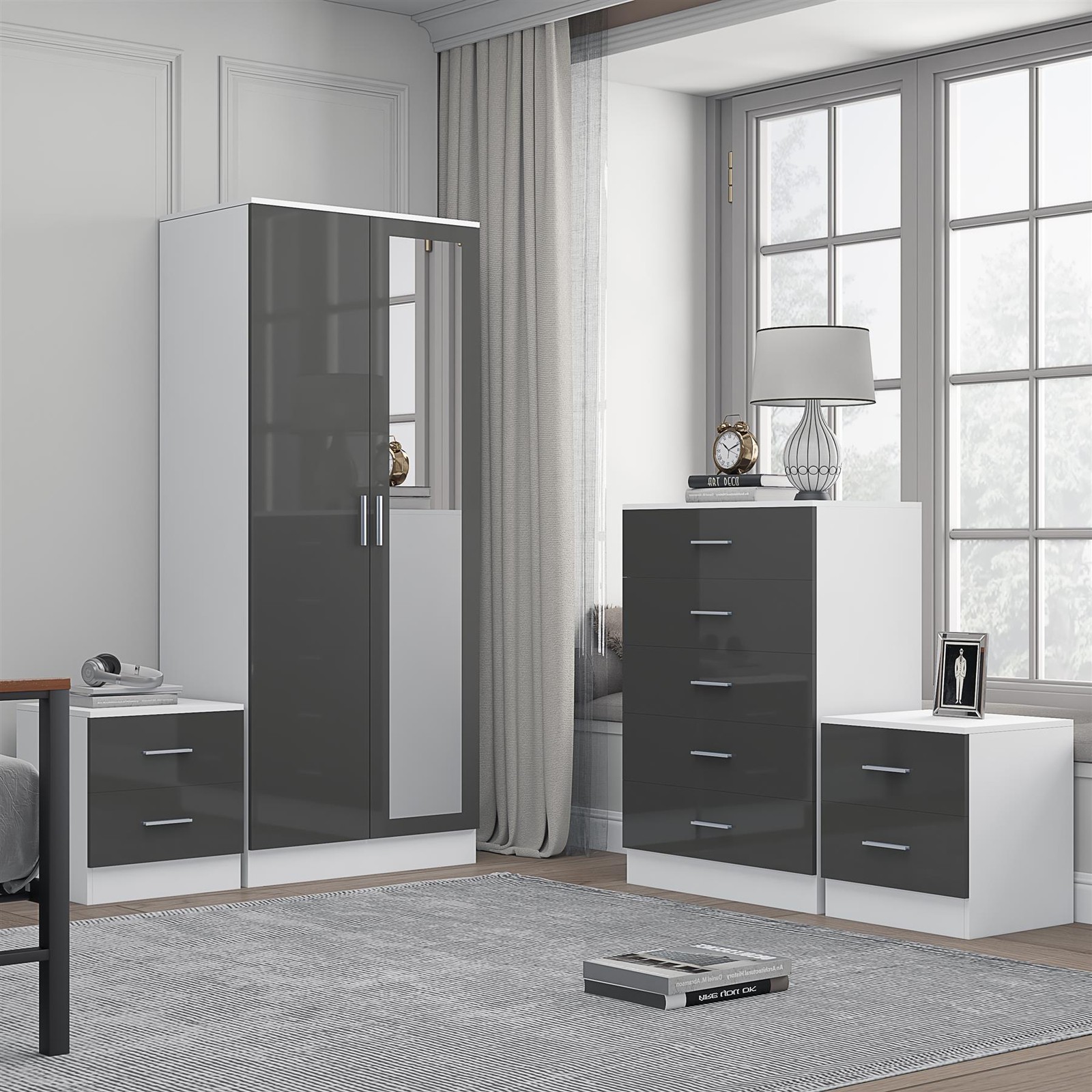 REFLECT 2dr Mirror + Chest of Drawers + 2x Bedsides - Grey/White - Image 3