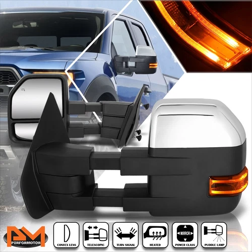 For 04-14 Ford F150 Power+Heated Chrome Towing Mirror w/LED Signal+Puddle Lamp