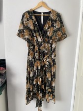 Double Second Black Orange Green Wrap Style Floral Midi Dress Size 18