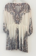 Women's Paisley Chiffon Rayon Mini babydoll Boho Dress V-Neck 3/4 Sleeve L
