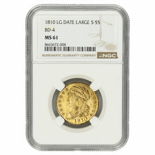 1810 Capped  Bust Left Gold Half Eagle $5, NGC MS 61 - Large Date Large 5, BD-4