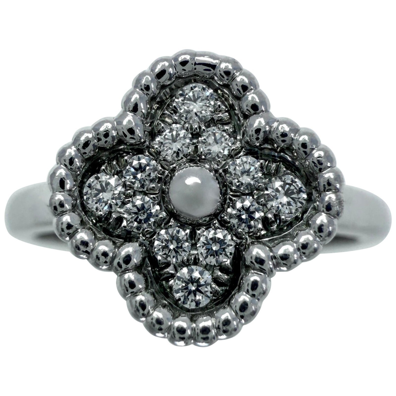 Vintage Van Cleef & Arpels Sweet Alhambra Diamond 18k White Gold Ring Certified