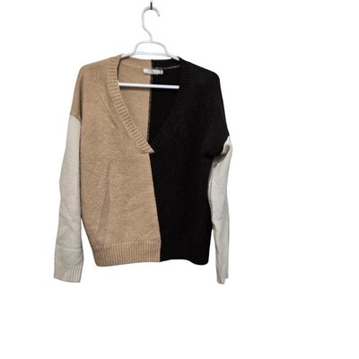 Lush Womens Medium Colorblock V Neck Sweater Brown Taupe Knit