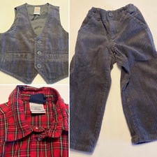 3 Piece Boy's Dress Outfit Vest 12 -24 Pants 2T Gray  Red Check Shirt 12 Mos