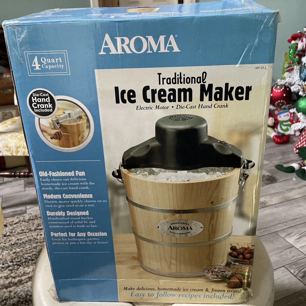 4 Qt. Electric Motorized Old-Fashioned Bucket Ice Cream Maker & Hand Crank