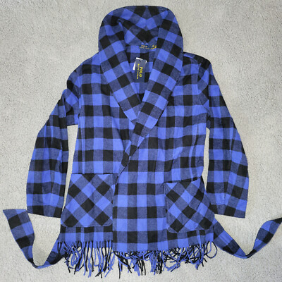 Polo Ralph Lauren Women's Checked Fringe Edge Belted Coat Jacket Medium