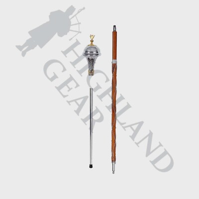Drum Major Mace Stave & Stick -4 Parts- Chrome with Gold Harp Embossed Head