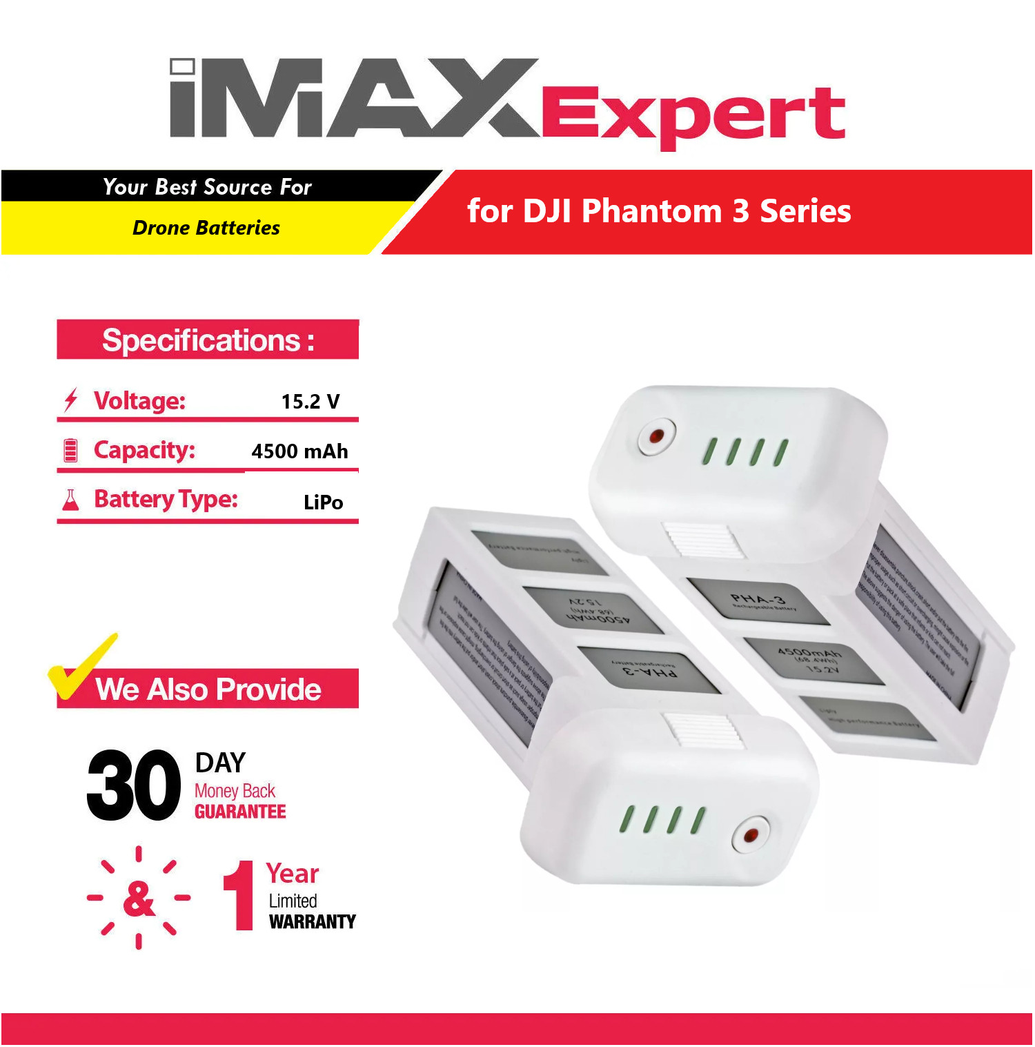 2-PACK DJI Phantom 3 series Intelligent Flight Replacement Battery | 15.2V 4500m