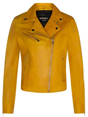 Damen Leder Biker Jacke klassisch gelb echtes Lammnappa Gothic Retro Jacke