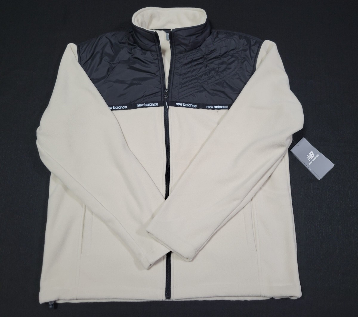 New Balance Mens Black-Beige Full Zip Front Fleece Jacket Fleece