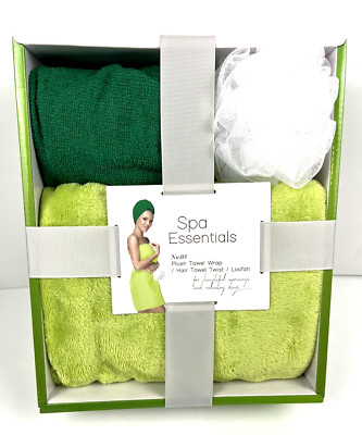Spa Essentials Plush Towel Wrap Hair Towel Twist Loofah Bathroom Gift Set Green